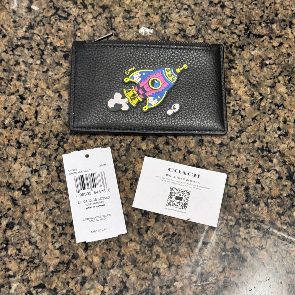 Cosmic Coach Zip Card Case With Rocket Print Black Leather Zip pocket New - Picture 6 of 8